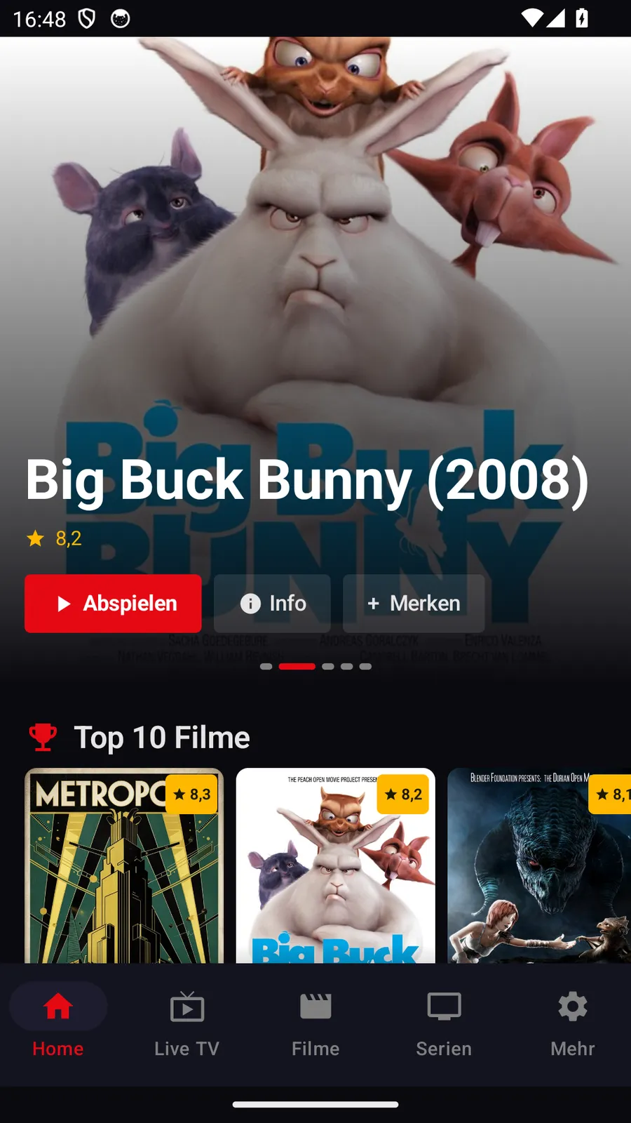 TELOS IPTV auf Android-Smartphone: Startseite mit Demo-Katalog (freie Lizenzen)