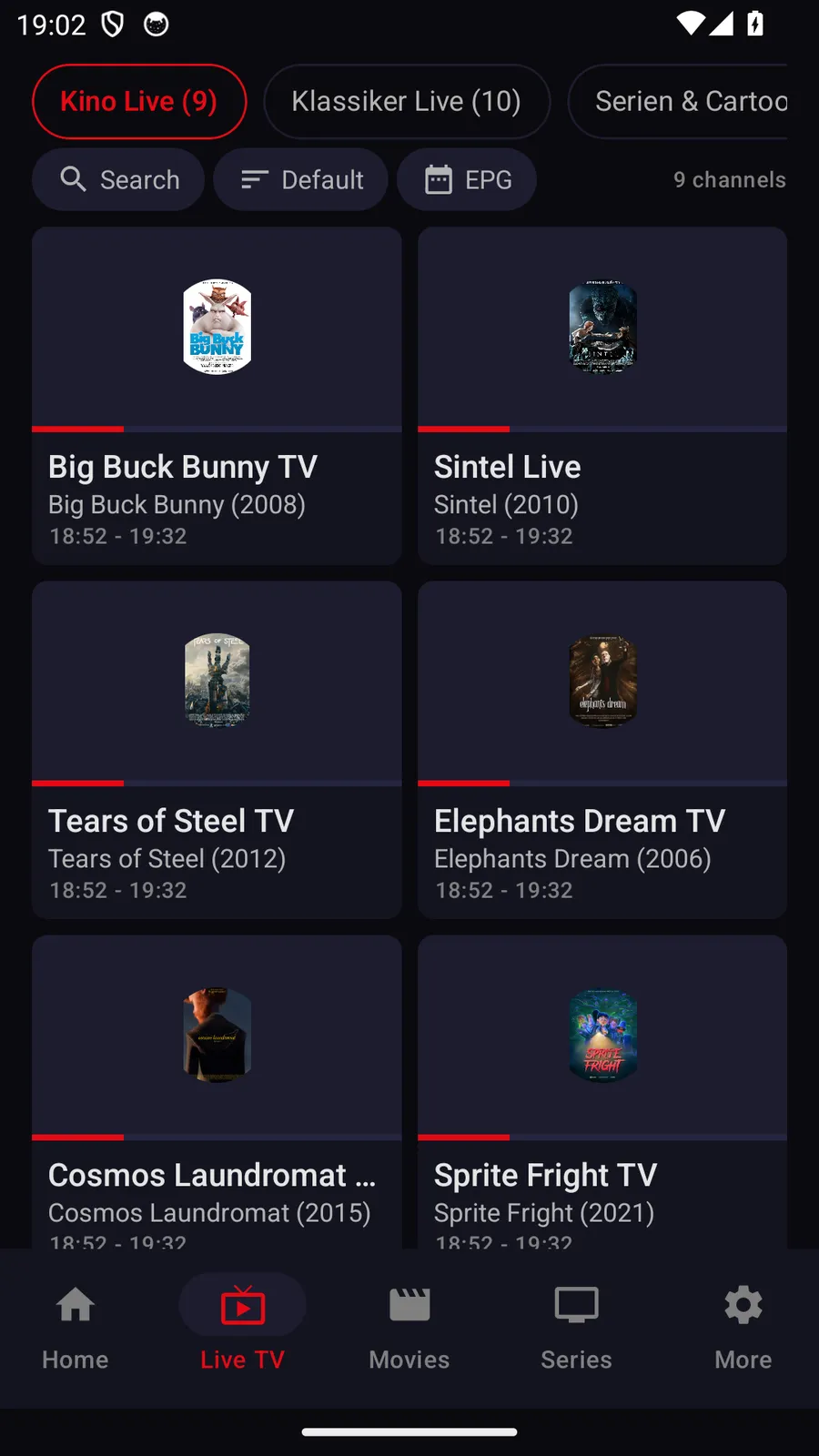 TELOS IPTV on Android phone: Live TV with the demo catalogue (free licences)