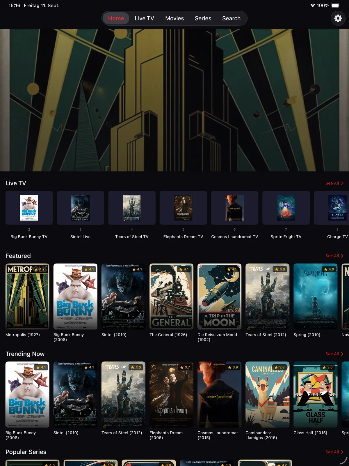 TELOS IPTV on iPad: home screen with the demo catalogue (free licences)