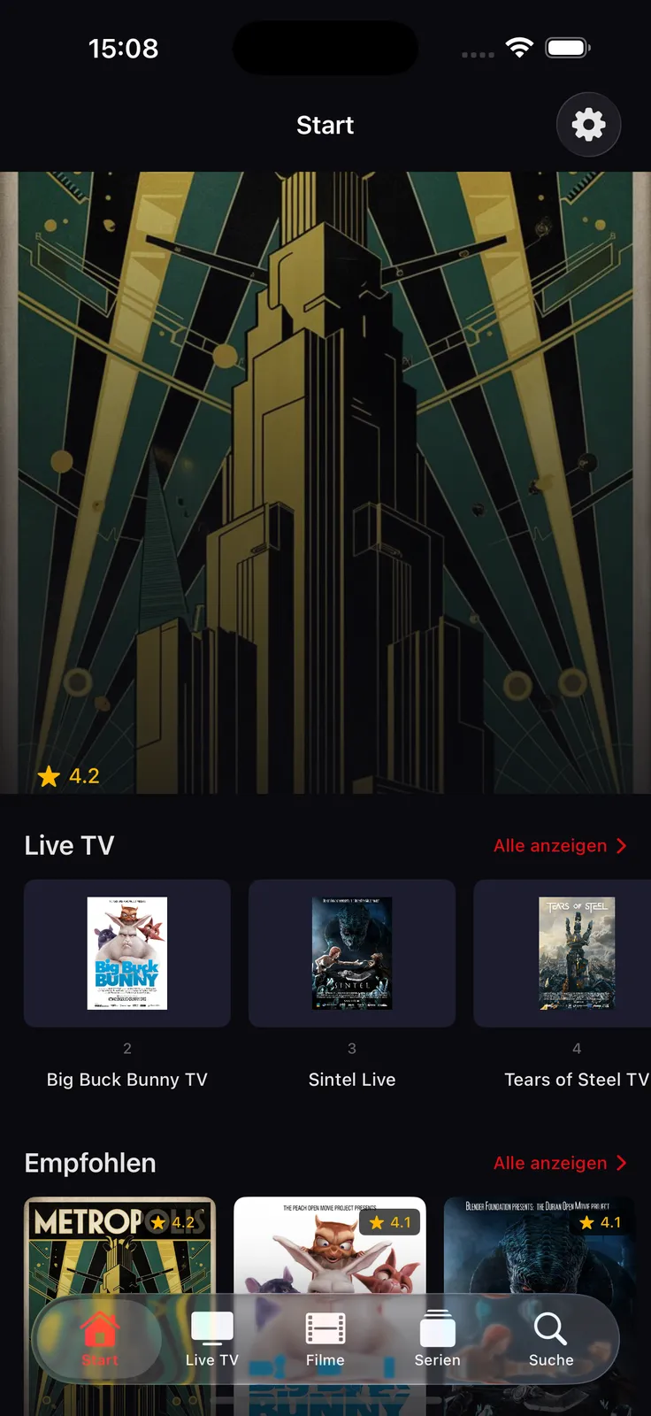 TELOS IPTV auf iPhone: Startseite mit Demo-Katalog (freie Lizenzen)