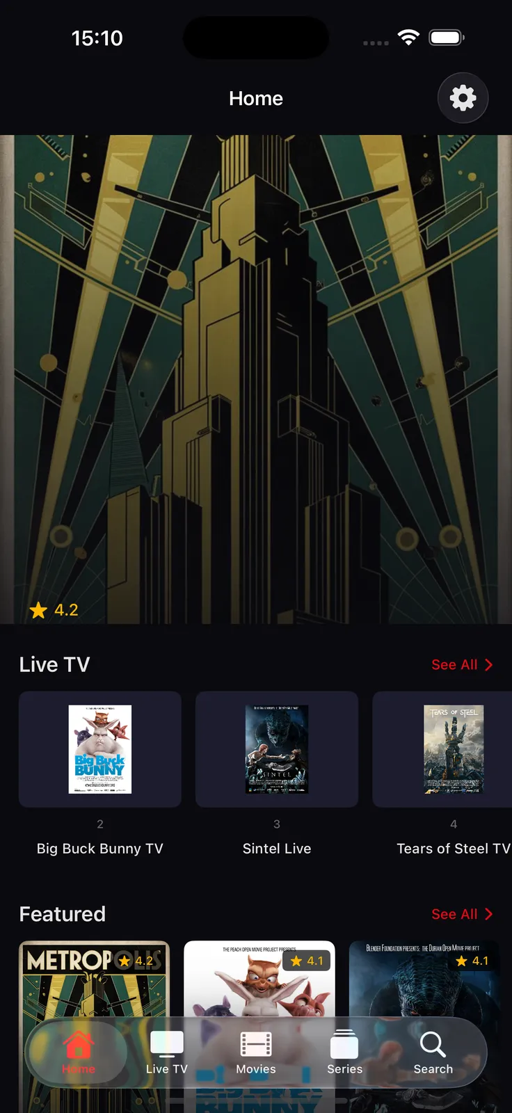 TELOS IPTV on iPhone: home screen with the demo catalogue (free licences)