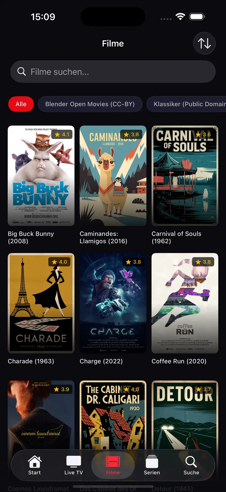 TELOS IPTV auf iPhone: Filme mit Demo-Katalog (freie Lizenzen)