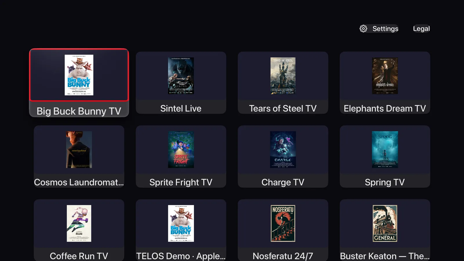 TELOS IPTV Player: Apple TV home screen